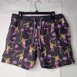 Party Pants Swim Trunks Men L Board Short Pockets Surfing Sloth Black Pink